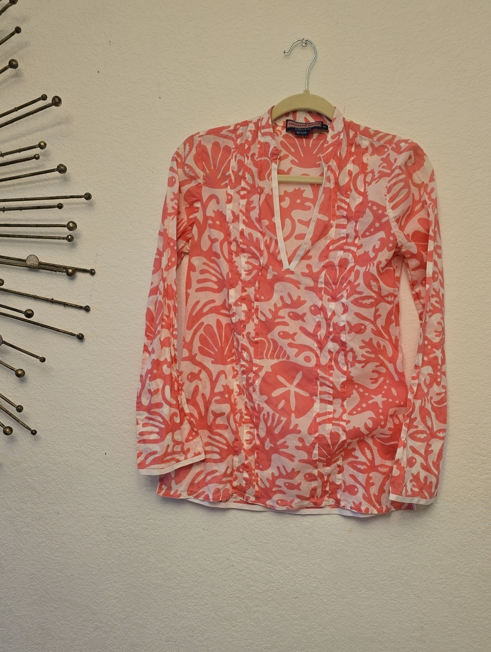 Vineyard Vine Coral and White Printed Button-Up Tunic